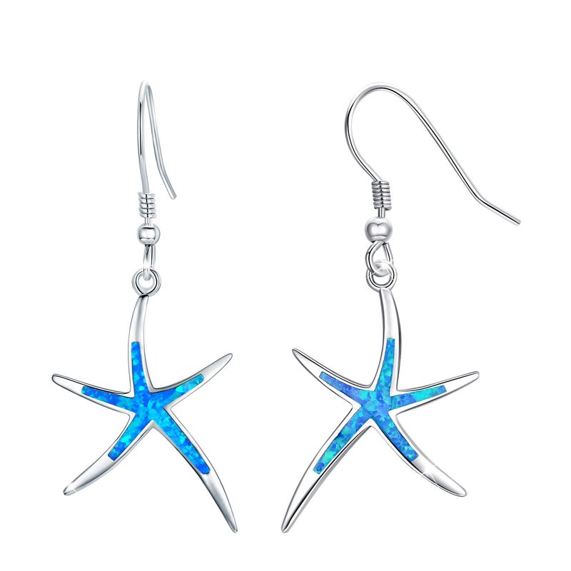 Cuoka Starfish Earrings, 925 Sterling Silver with Blue Opal Fish Hoops Earings, Nautical Hawaiian Sea Beach Earrings, Starfish Jewelry for Women Starfish Lovers - Image 1